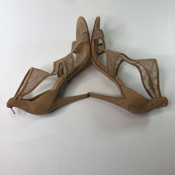 ALDO Beige Suede Embroidered Mesh Open Toe Strappy Back Zip High Heels Women’s 8 - Picture 5 of 9